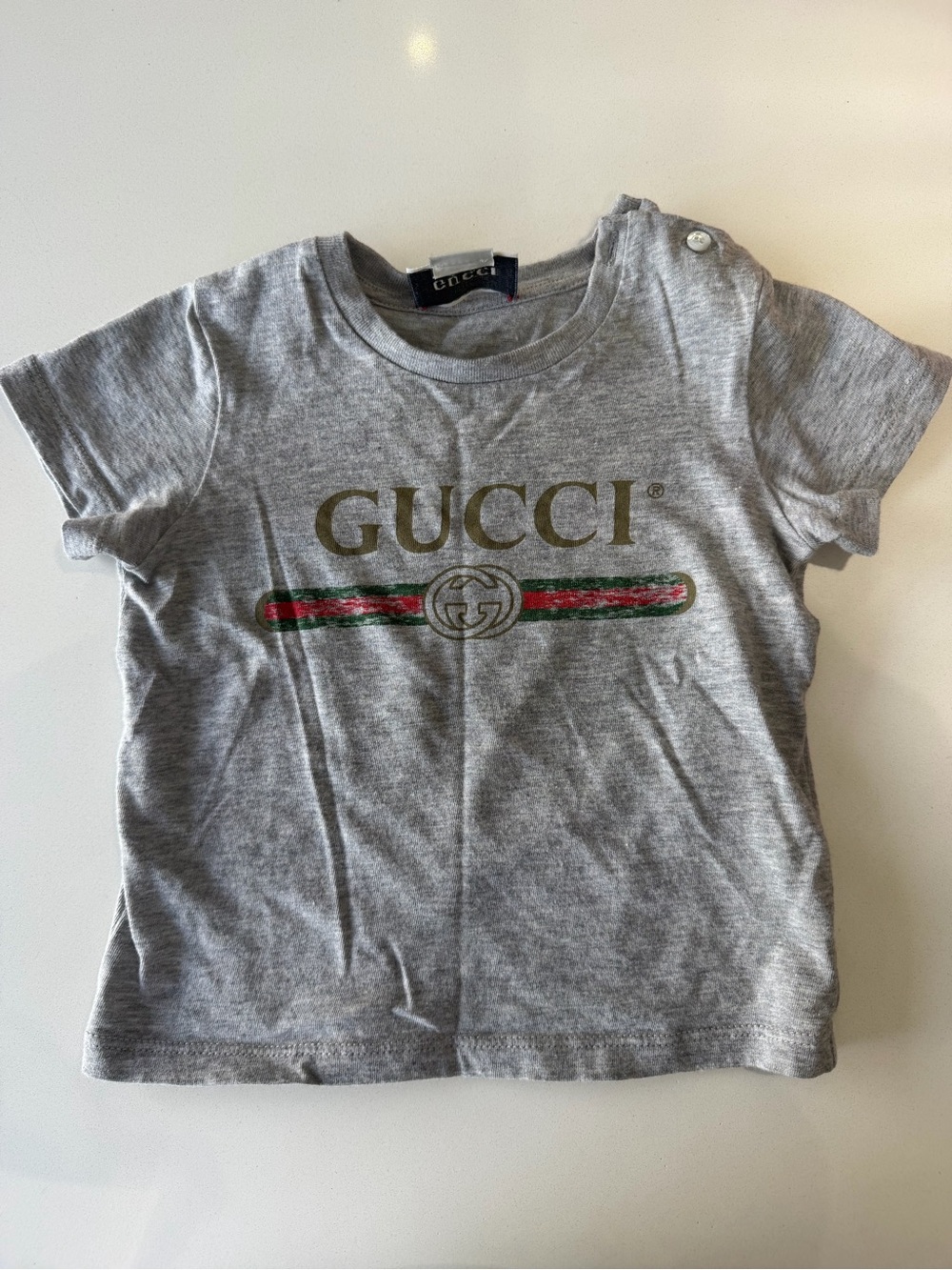 Gucci Baby Grey Logo Web Stripe T-Shirt – Size  9-12 M